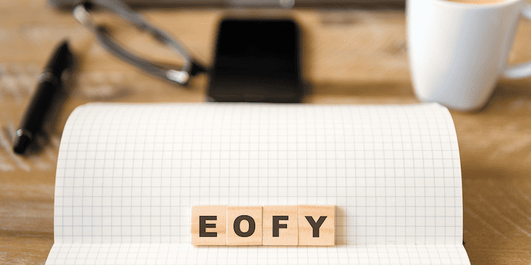 EOFY scrabble keys on office desk