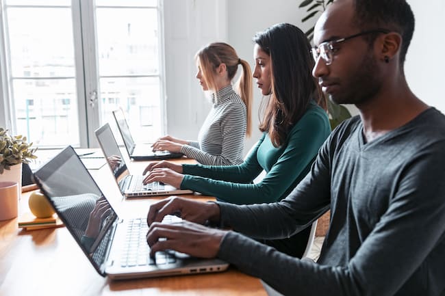 Shot of line of concentrated employees working with laptops on coworking placeated employees sitting in a line at a desk working on laptops